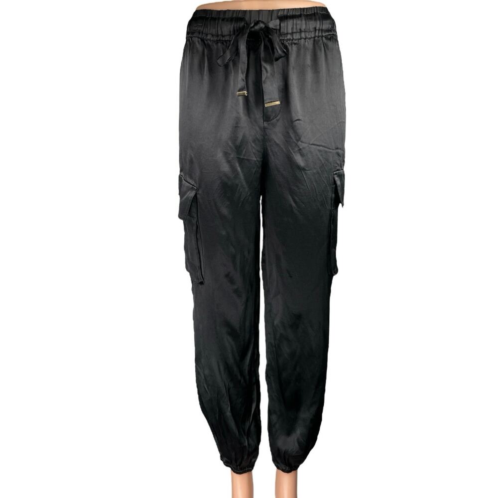 Rachel Zoe Black Silky Satin Drawstring Tapered Trousers Joggers Cargo Pants XS